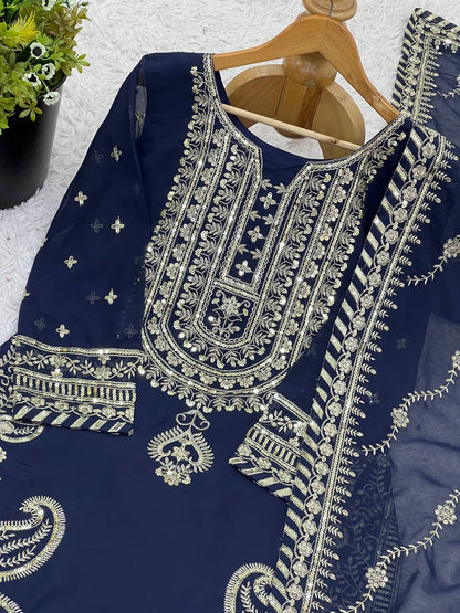 Bollywood Style Navy Blue Color Heavy Faux Georgette With Heavy Embroidery Sequence Work sharara Suit