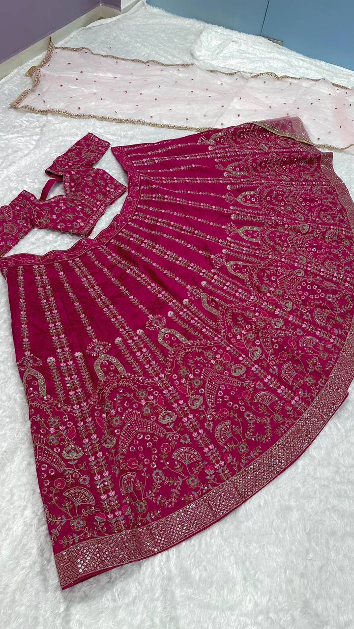 Engagement Wear Pink Color Heavy Slub Silk With Dori Sequins And Thread Work Designer Bridal Lehenga Choli