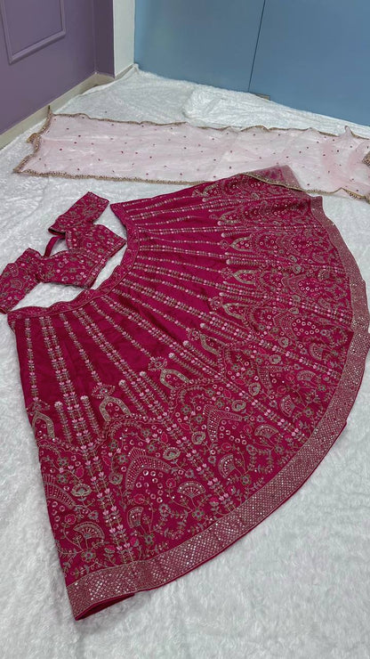 Engagement Wear Pink Color Heavy Slub Silk With Dori Sequins And Thread Work Designer Bridal Lehenga Choli