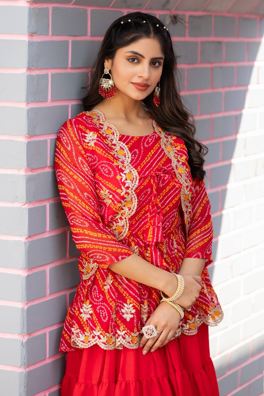 Luxuriant Red Color Pure Bandhej With Embroidery Thread Work Crop Top Lehenga