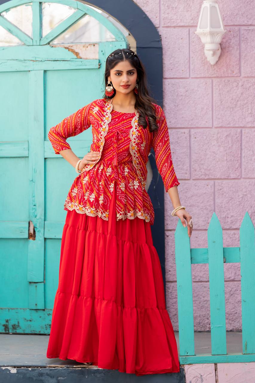 Luxuriant Red Color Pure Bandhej With Embroidery Thread Work Crop Top Lehenga
