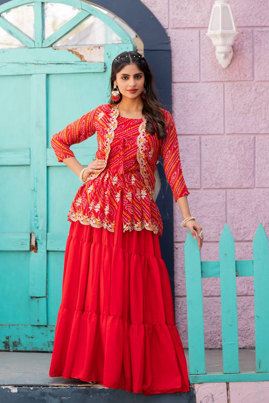 Luxuriant Red Color Pure Bandhej With Embroidery Thread Work Crop Top Lehenga