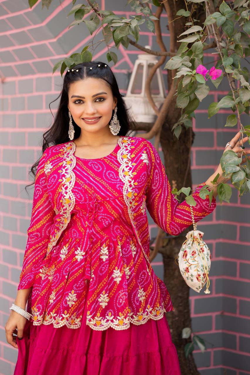 Luxuriant Pink Color Pure Bandhej With Embroidery Thread Work Crop Top Lehenga