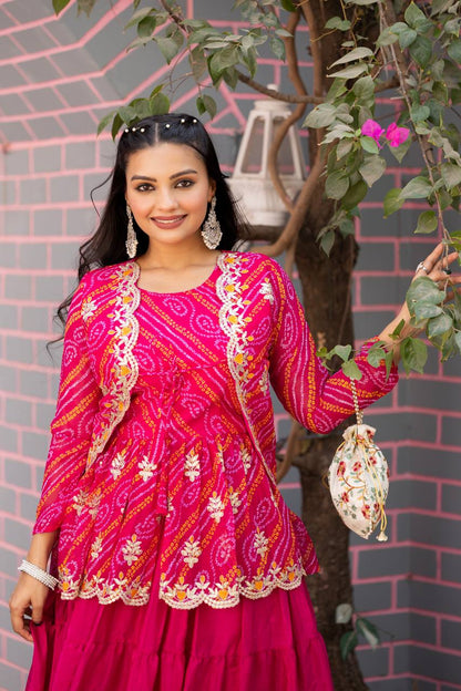 Luxuriant Pink Color Pure Bandhej With Embroidery Thread Work Crop Top Lehenga