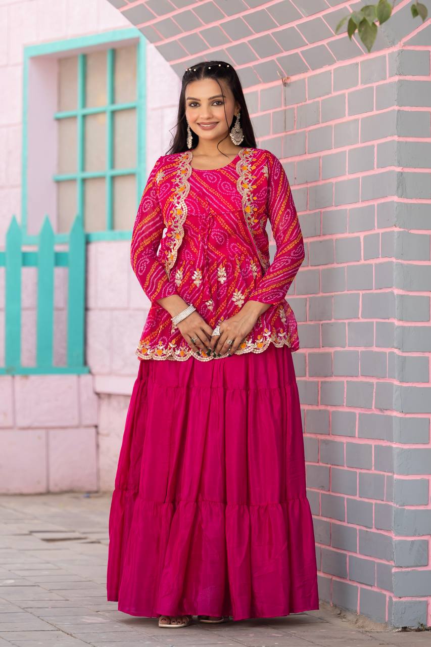 Luxuriant Pink Color Pure Bandhej With Embroidery Thread Work Crop Top Lehenga