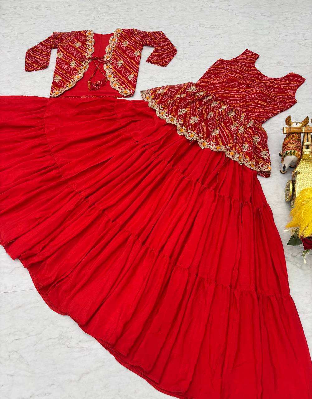 Luxuriant Red Color Pure Bandhej With Embroidery Thread Work Crop Top Lehenga