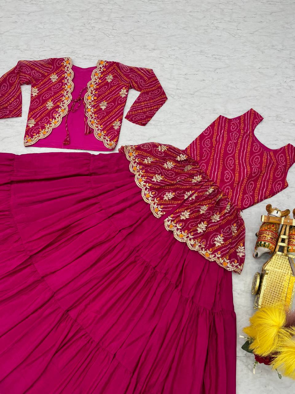 Luxuriant Pink Color Pure Bandhej With Embroidery Thread Work Crop Top Lehenga