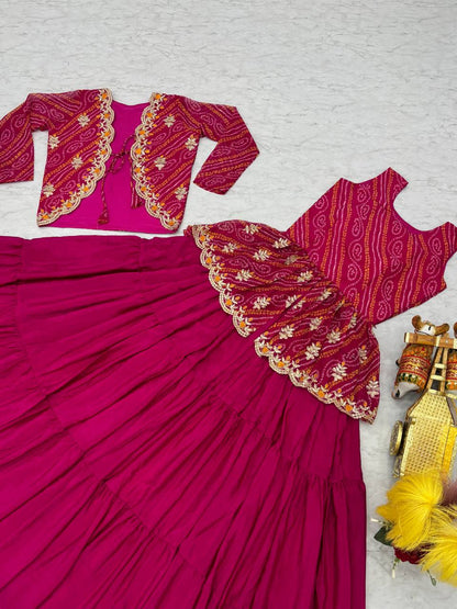 Luxuriant Pink Color Pure Bandhej With Embroidery Thread Work Crop Top Lehenga