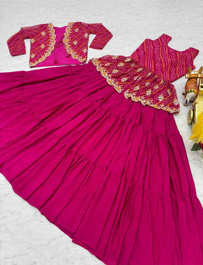 Luxuriant Pink Color Pure Bandhej With Embroidery Thread Work Crop Top Lehenga