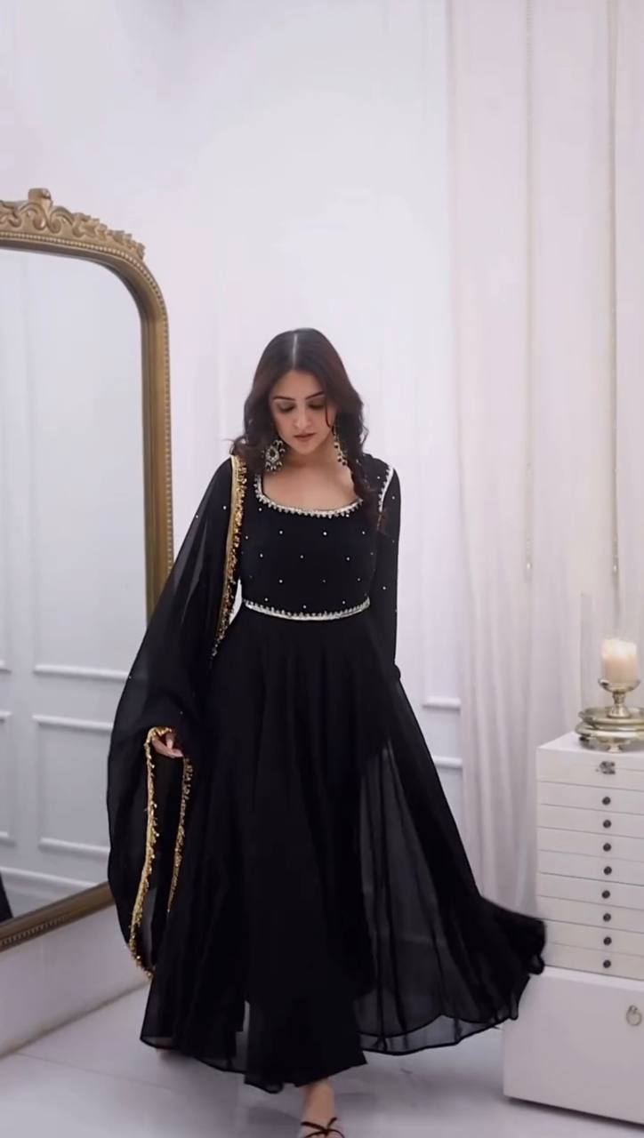 Elegant Black Color Georgette Handwork Designer Anarkali Gowm