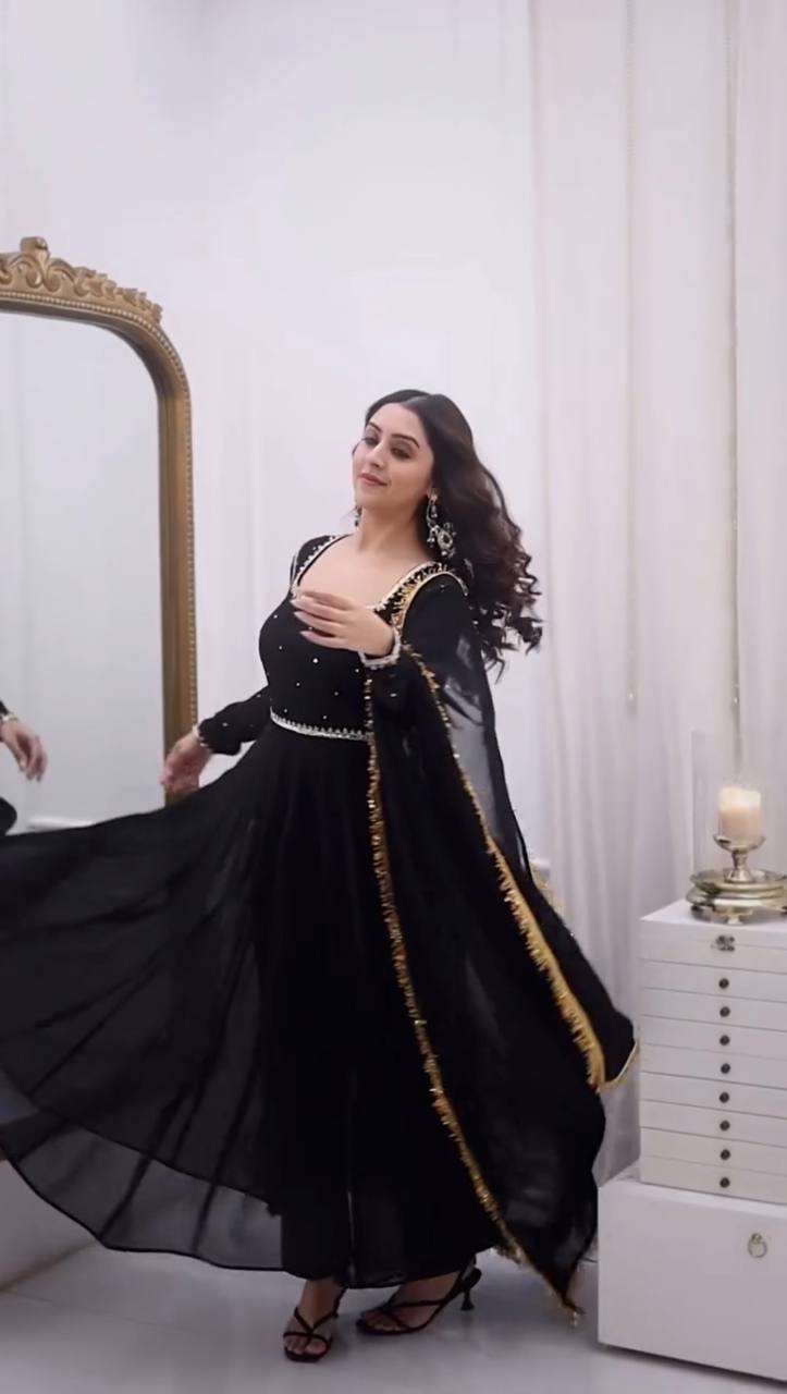 Elegant Black Color Georgette Handwork Designer Anarkali Gowm