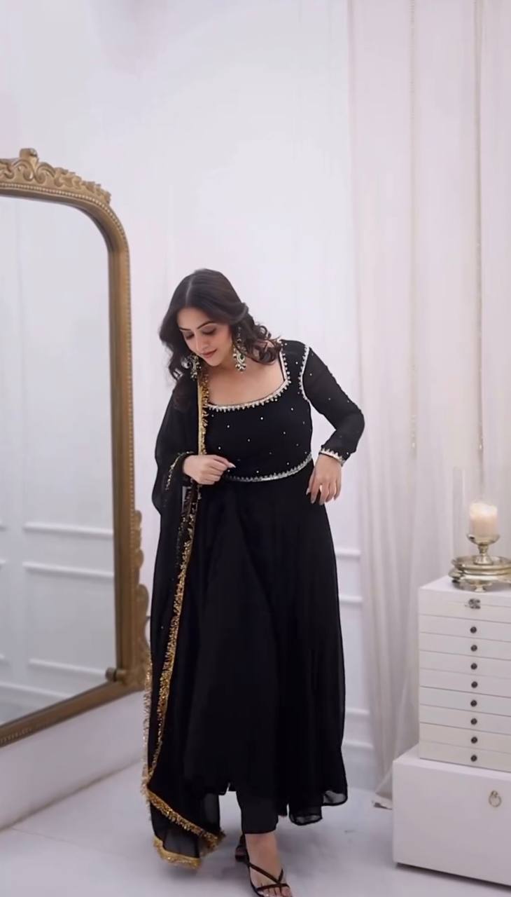 Elegant Black Color Georgette Handwork Designer Anarkali Gowm