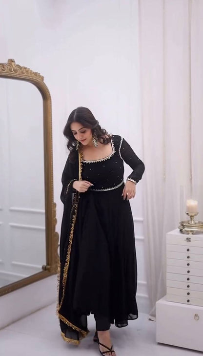 Elegant Black Color Georgette Handwork Designer Anarkali Gowm
