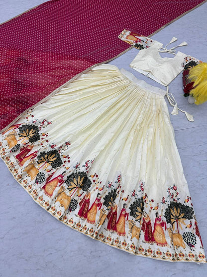 Exclusive White Color Dola Silk And Foil Work With Mill Printed Lehenga Choli