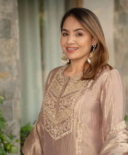 Bollywood Style Beige Color Fandy Silk With Heavy Embroidery Sequence Work Anarkali Suit