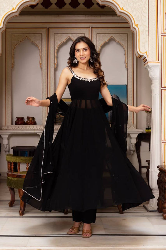 Function Wear Black Color Faux Georgette Handwork With Real Mirror Work Palazzo Suit