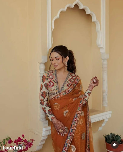 Wedding Wear Mustard Color Butterfly Net Embroidery Work Designer Saree