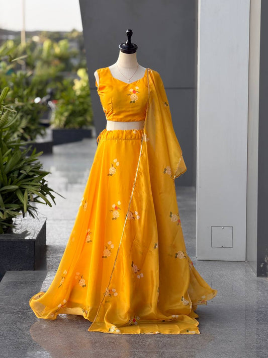 Exclusive Yellow Color Jimmy Silk Organza Lehenga With Dupatta