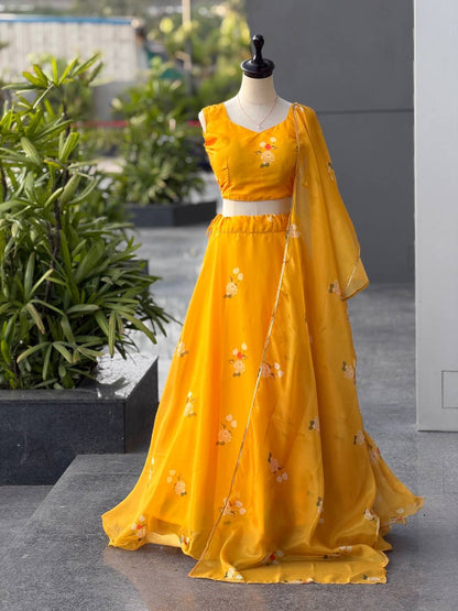 Exclusive Yellow Color Jimmy Silk Organza Lehenga With Dupatta