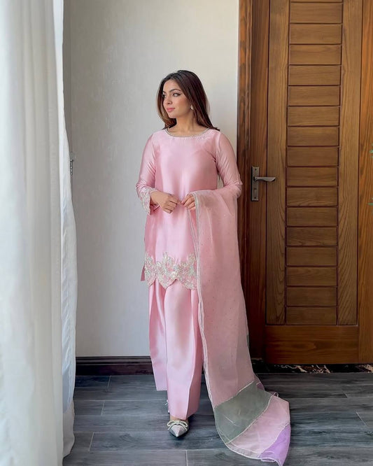 Exclusive Baby Pink Color Heavy Natural Creap Heavy Embroidered Sequence Work Palazzo Suit