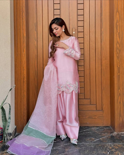 Exclusive Baby Pink Color Heavy Natural Creap Heavy Embroidered Sequence Work Palazzo Suit