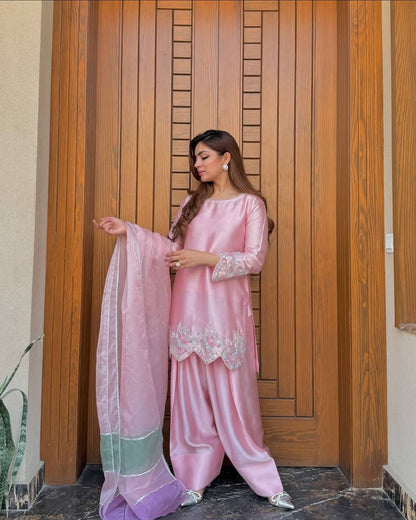 Exclusive Baby Pink Color Heavy Natural Creap Heavy Embroidered Sequence Work Palazzo Suit