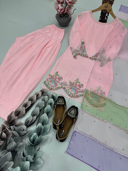 Exclusive Baby Pink Color Heavy Natural Creap Heavy Embroidered Sequence Work Palazzo Suit