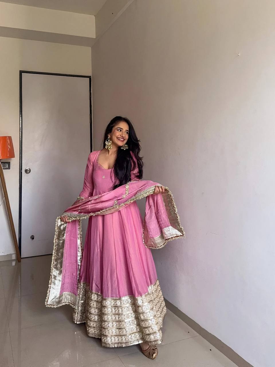 Celebrity Style Dusty Pink Color Vichitra Silk With Embroidery Zari-Codding Sequins Work Anarkali Gown