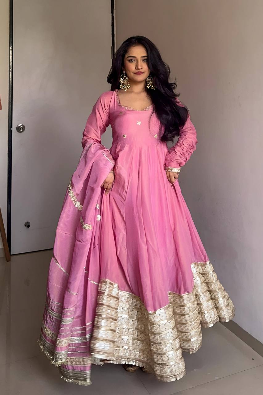 Celebrity Style Dusty Pink Color Vichitra Silk With Embroidery Zari-Codding Sequins Work Anarkali Gown