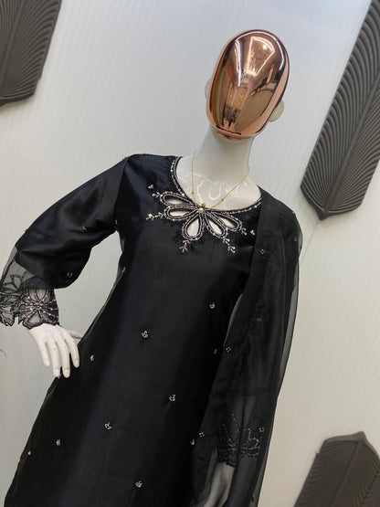 Beautiful Black Color Embroidery With Beads And Sequence Work Salwar Suit