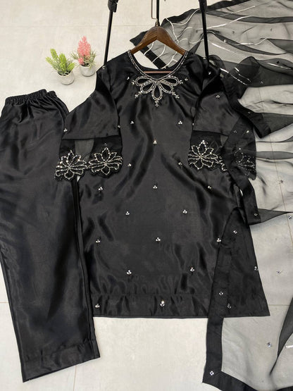 Beautiful Black Color Embroidery With Beads And Sequence Work Salwar Suit