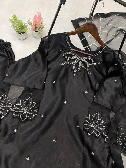 Beautiful Black Color Embroidery With Beads And Sequence Work Salwar Suit