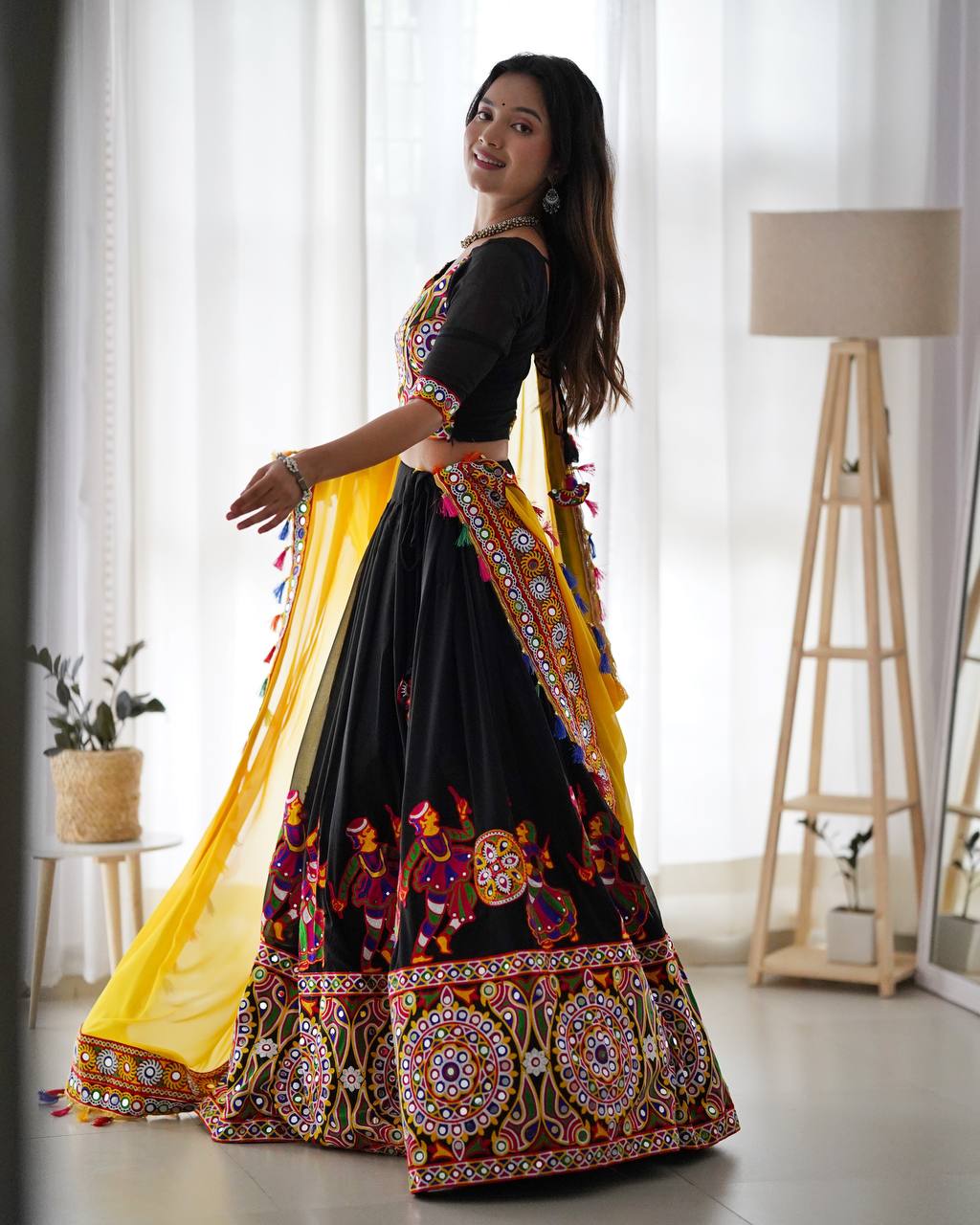 Navratri Wear Black Color Faux Georgette Chain-Stitch With Mirror Work Lehenga Choli