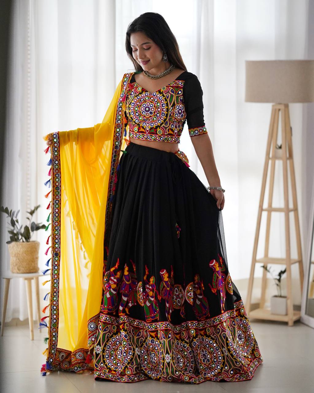 Navratri Wear Black Color Faux Georgette Chain-Stitch With Mirror Work Lehenga Choli