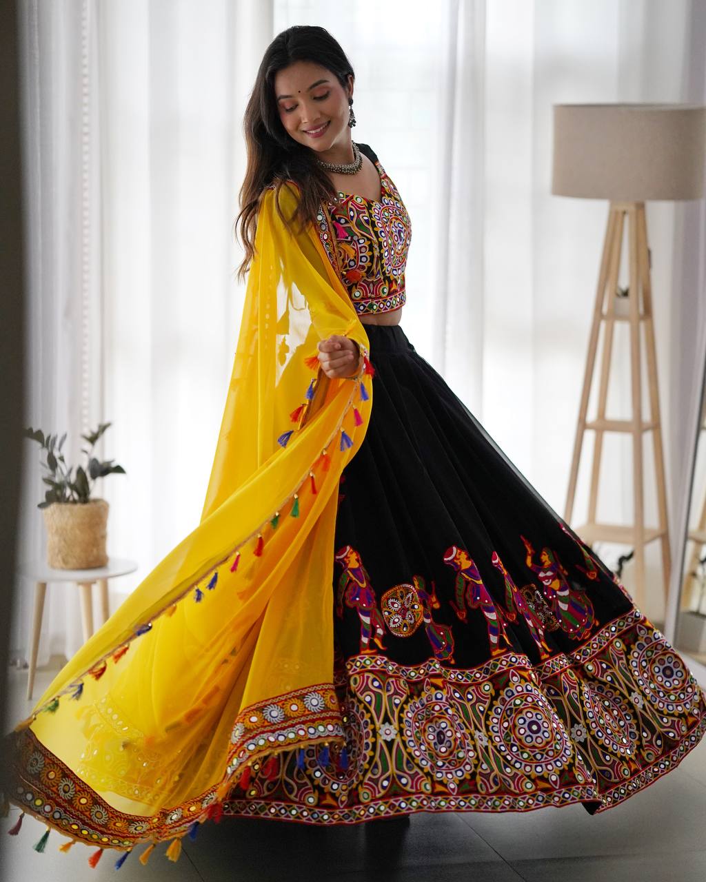 Navratri Wear Black Color Faux Georgette Chain-Stitch With Mirror Work Lehenga Choli