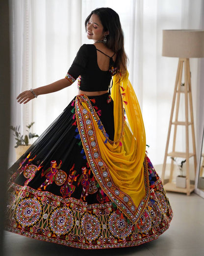 Navratri Wear Black Color Faux Georgette Chain-Stitch With Mirror Work Lehenga Choli