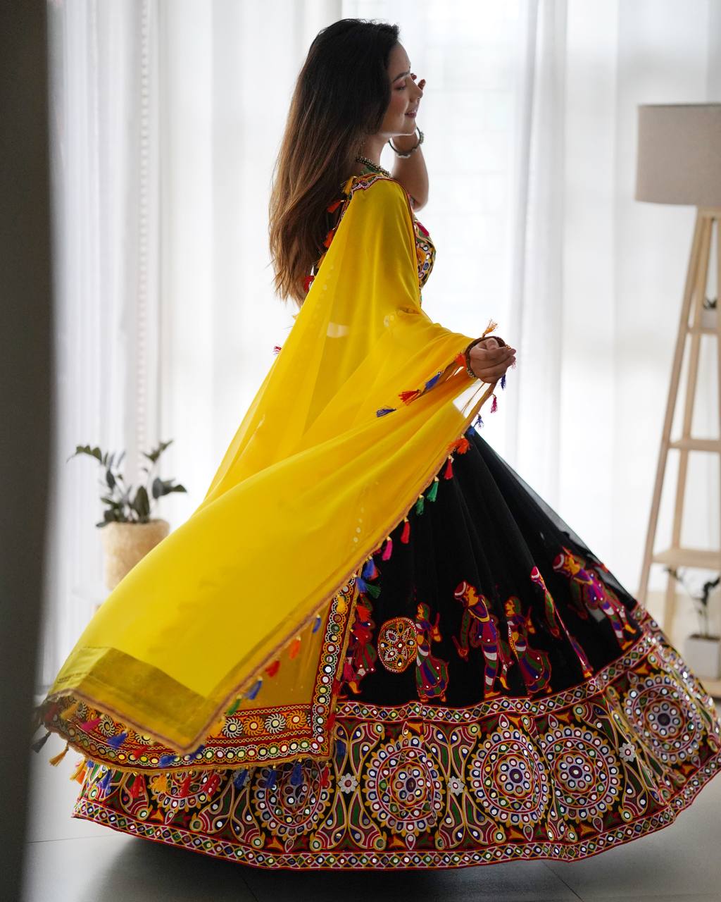 Navratri Wear Black Color Faux Georgette Chain-Stitch With Mirror Work Lehenga Choli