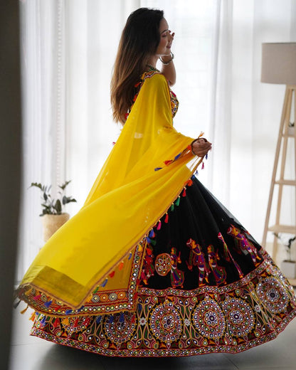 Navratri Wear Black Color Faux Georgette Chain-Stitch With Mirror Work Lehenga Choli