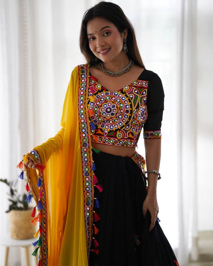 Navratri Wear Black Color Faux Georgette Chain-Stitch With Mirror Work Lehenga Choli
