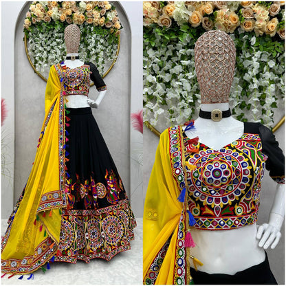 Navratri Wear Black Color Faux Georgette Chain-Stitch With Mirror Work Lehenga Choli