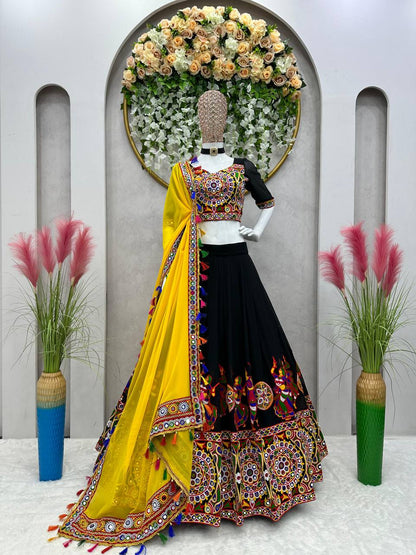 Navratri Wear Black Color Faux Georgette Chain-Stitch With Mirror Work Lehenga Choli