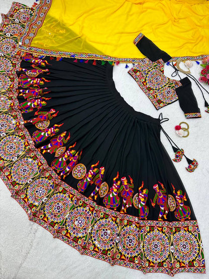Navratri Wear Black Color Faux Georgette Chain-Stitch With Mirror Work Lehenga Choli
