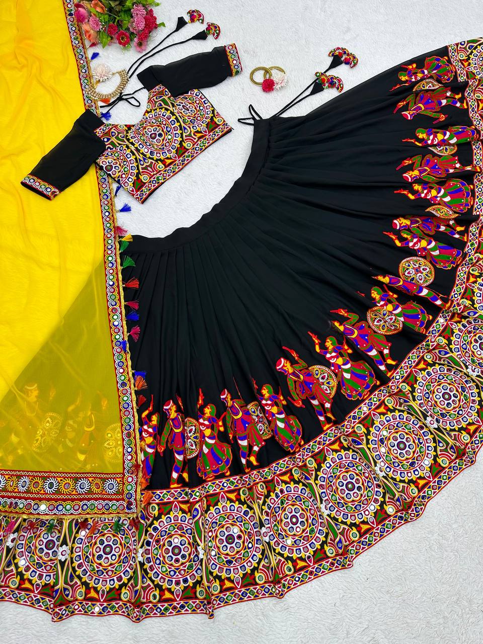 Navratri Wear Black Color Faux Georgette Chain-Stitch With Mirror Work Lehenga Choli