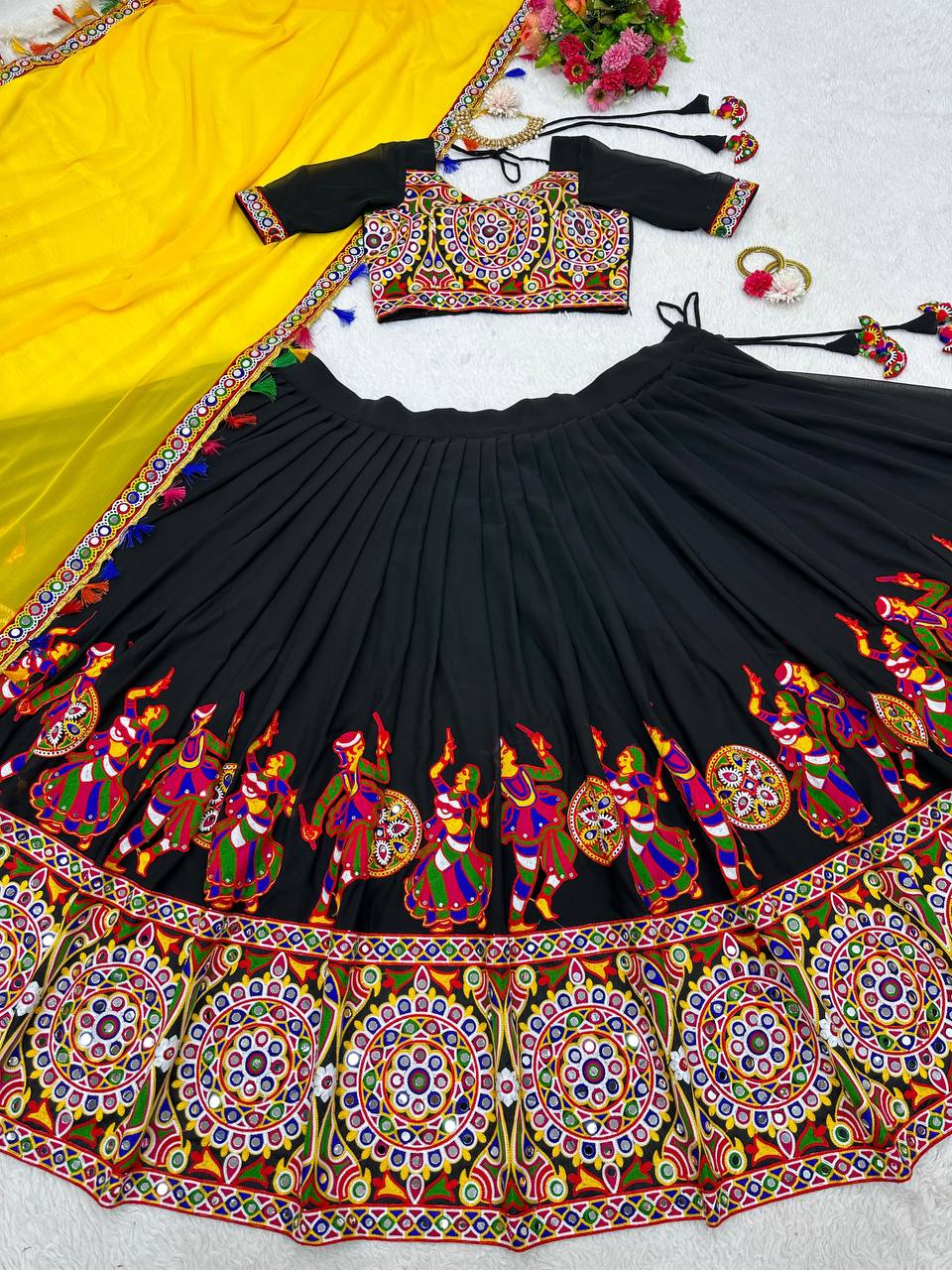 Navratri Wear Black Color Faux Georgette Chain-Stitch With Mirror Work Lehenga Choli