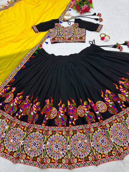 Navratri Wear Black Color Faux Georgette Chain-Stitch With Mirror Work Lehenga Choli