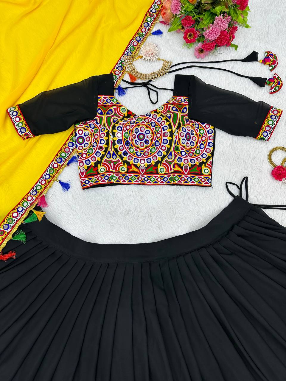 Navratri Wear Black Color Faux Georgette Chain-Stitch With Mirror Work Lehenga Choli