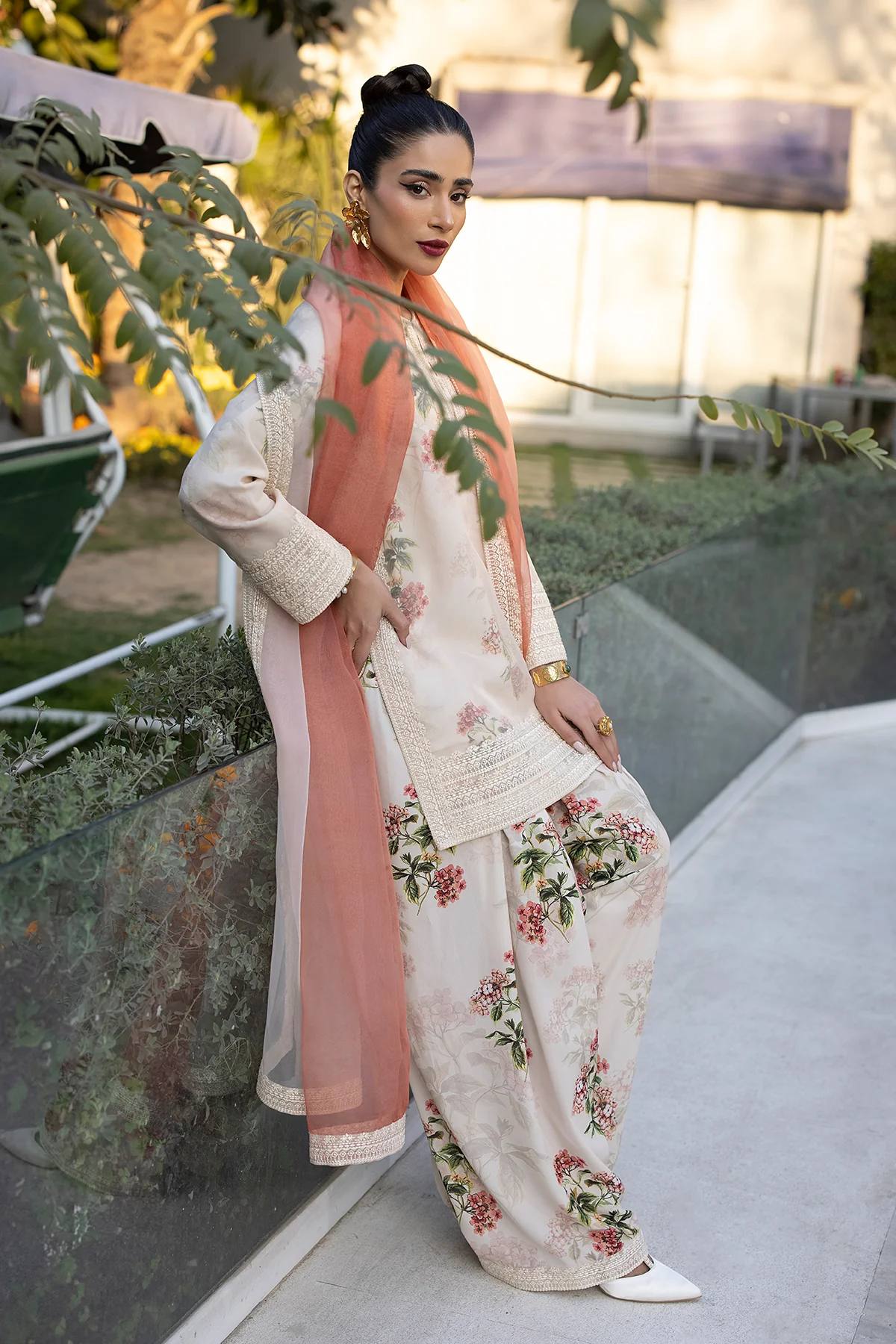 Trendy Cream Color Pure Chifon Georgette With Digital Printed Embroidery Work Palazzo Suit