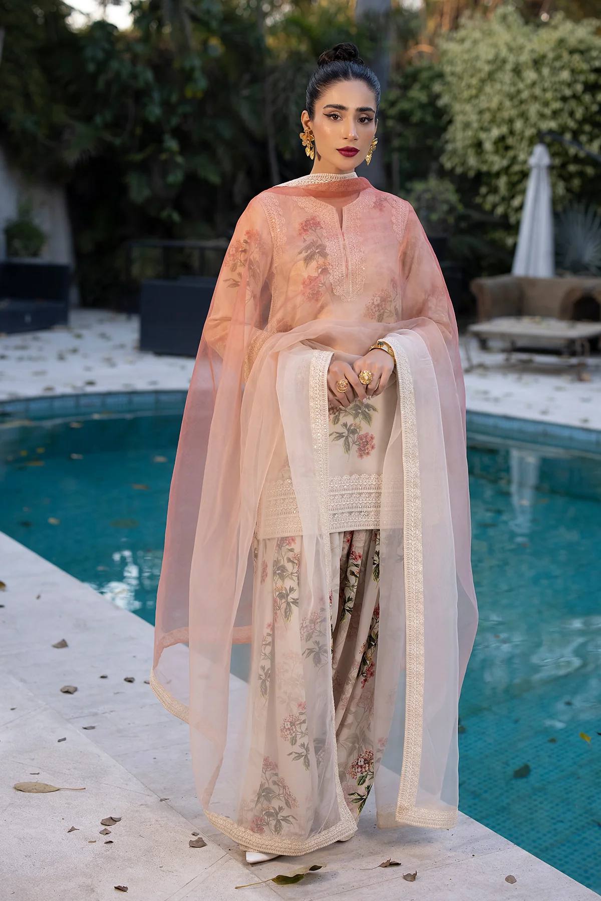 Trendy Cream Color Pure Chifon Georgette With Digital Printed Embroidery Work Palazzo Suit