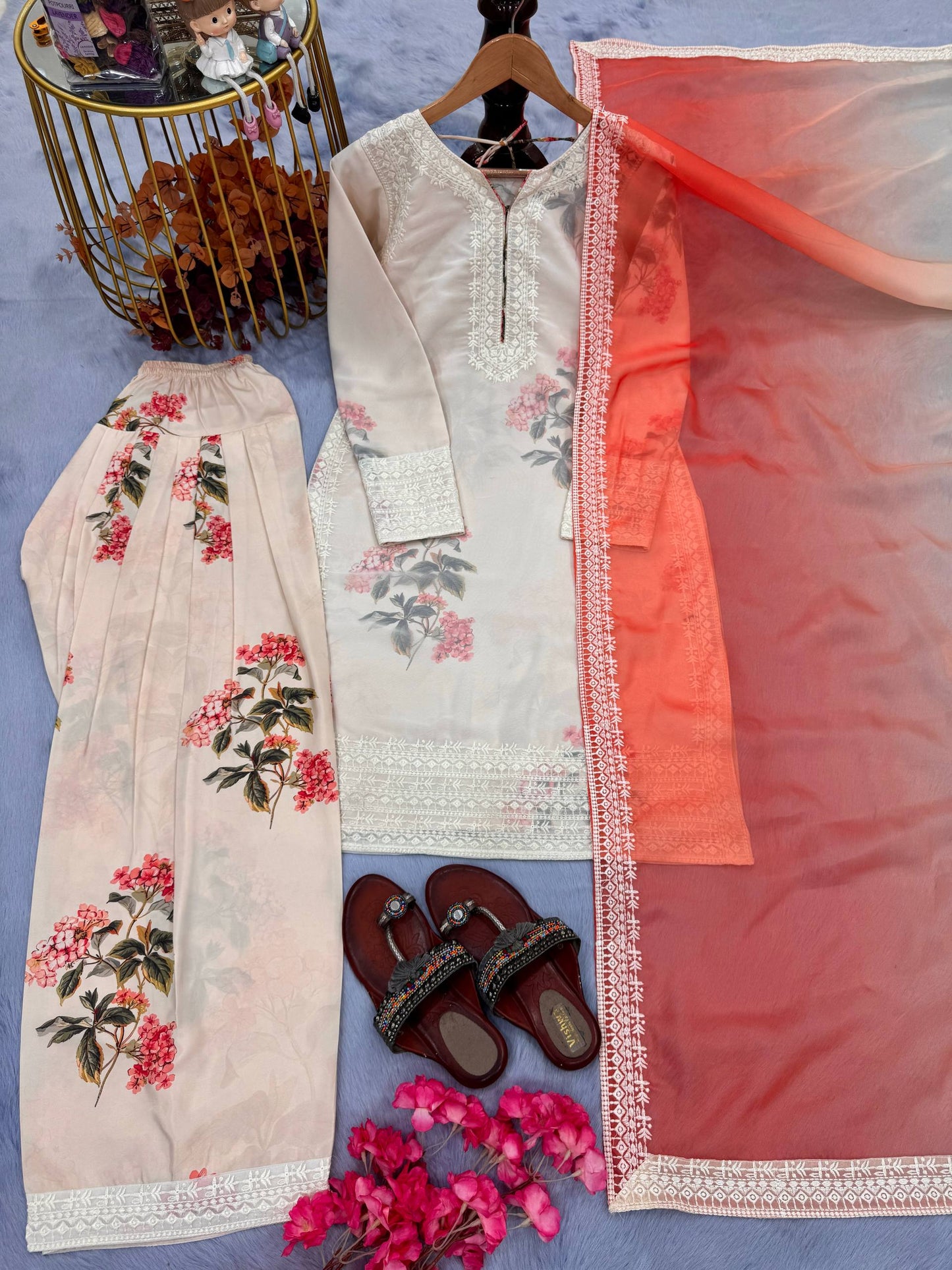 Trendy Cream Color Pure Chifon Georgette With Digital Printed Embroidery Work Palazzo Suit