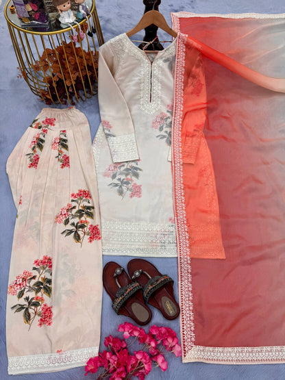 Trendy Cream Color Pure Chifon Georgette With Digital Printed Embroidery Work Palazzo Suit